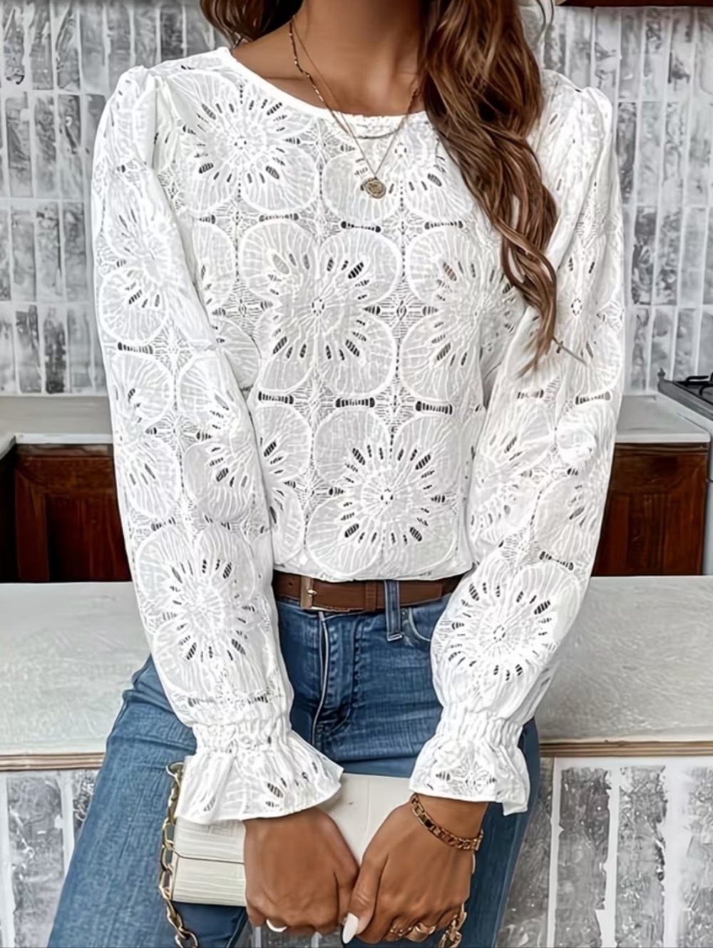 Luxveer Floral Eyelet Embroidery Round Neck Trumpet Sleeves Flounce Cuffs LRG